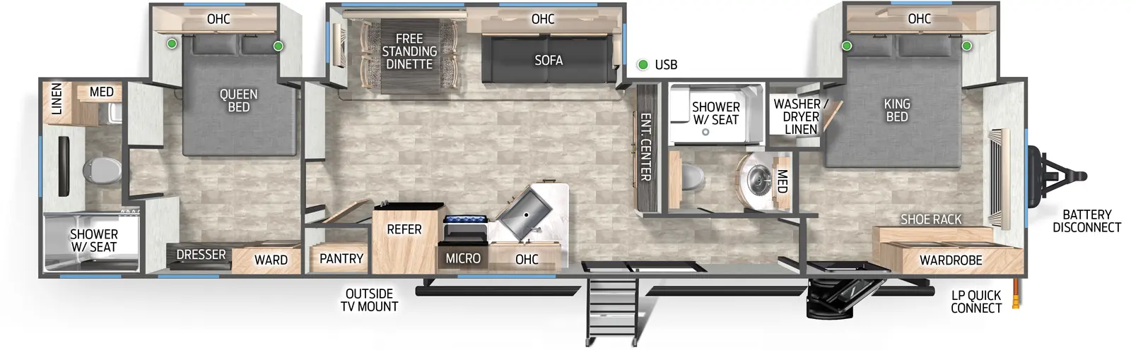 The 39HBA has three slideouts and two entries. Exterior features battery disconnect, LP quick connect, and outside TV mount. Interior layout front to back: off-door side king bed slideout with overhead cabinet, and linen closet with washer/dryer, and door side wardrobe with shoe rack, and entry; off-door side full bathroom with medicine cabinet; sliding glass entry, and peninsula kitchen counter with sink that wraps to door side with overhead cabinet, microwave, cooktop, refrigerator, and pantry; entertainment center along inner wall; off-door side slideout with a sofa with overhead cabinet, and free-standing dinette; bedroom with off-door side queen bed slideout with overhead cabinet, and door side wardrobe with dresser; rear full bathroom with linen closet, medicine cabinet, and shower with seat.